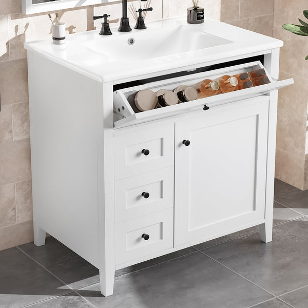 English Elm 30-Inch Contemporary Bathroom Vanity with Sink, MDF & Rubberwood, Glossy Finish, 3 Drawers + Cabinet White N725P350819K