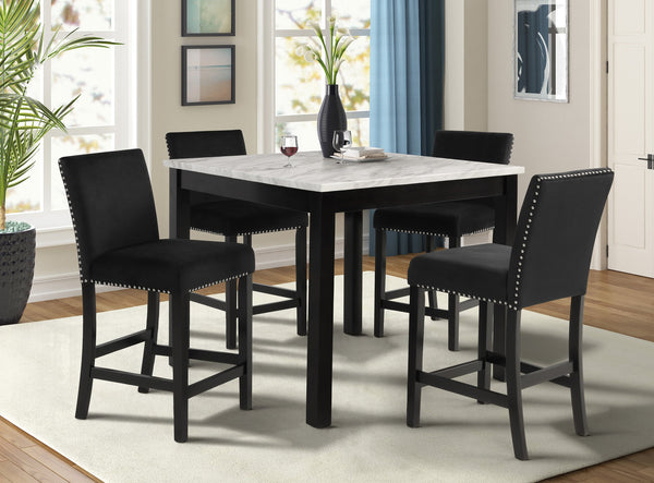 English Elm 5Pc Counter Height Dining Set – Chic White Faux Marble Table & Elegant Black Velvet Chairs For Stylish Dining B011P243224