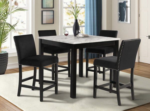 English Elm 5pc Counter Height Square Faux Marble Table Tufted Velvet Chair Set Dining Room B011P446667