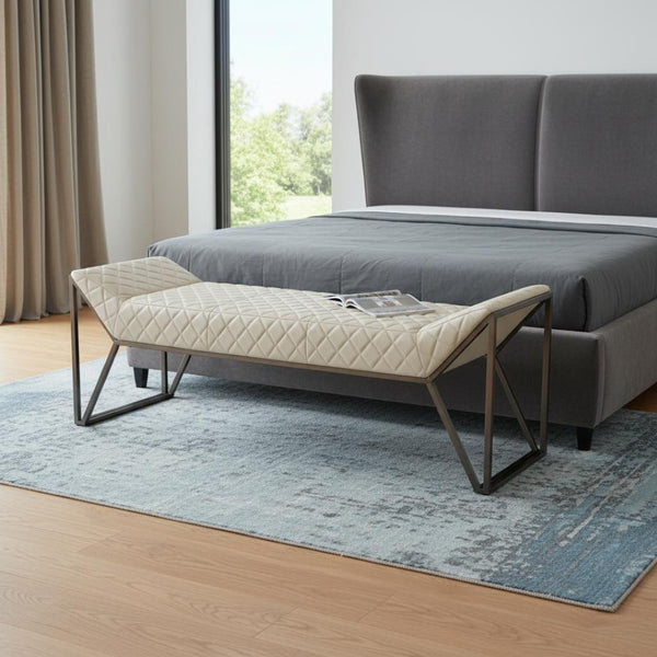 HomeRoots 63" Beige Boucle Upholstered Bench with Sturdy Gray Metal Frame – Stylish Seating for Modern Spaces 714184