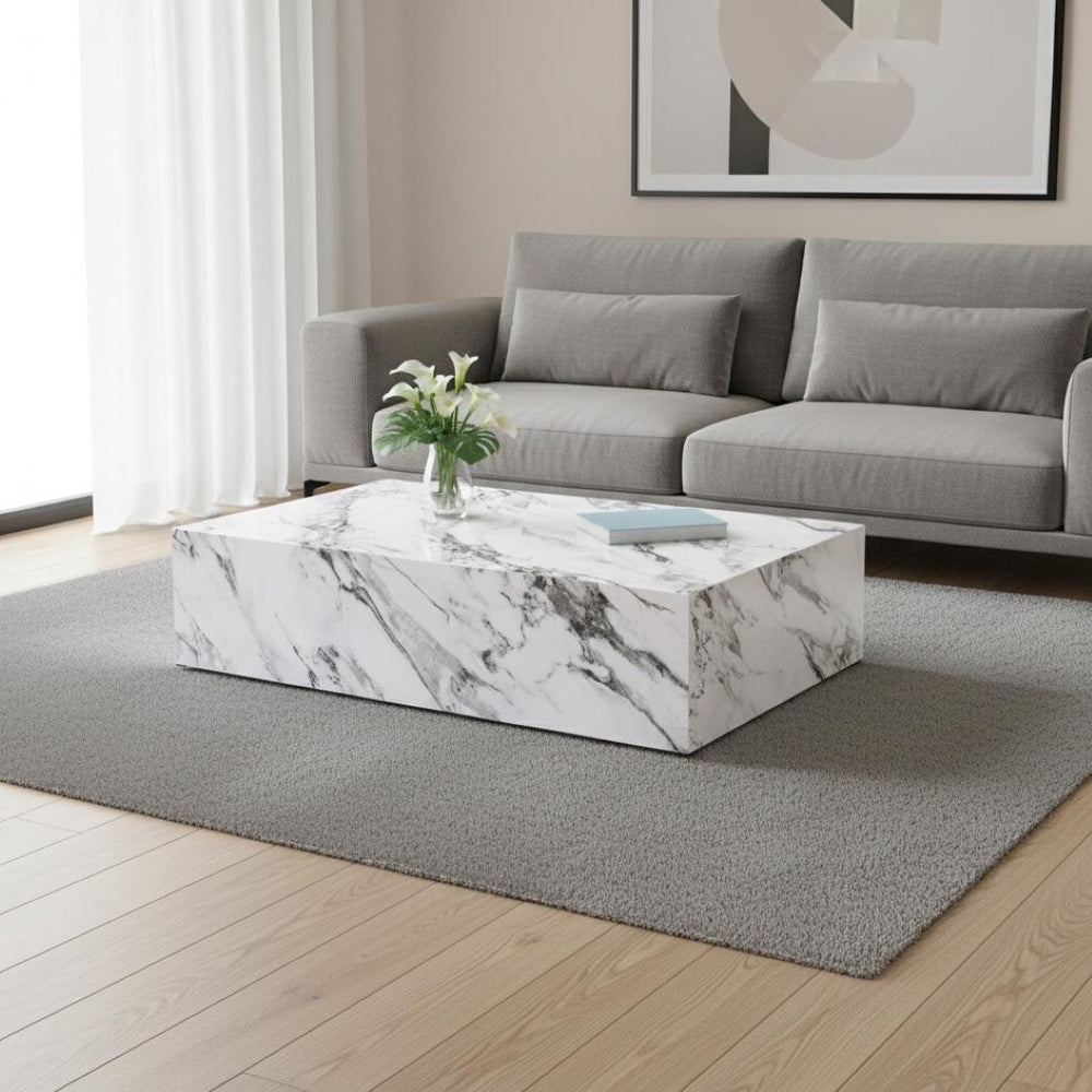 HomeRoots 35" Elegant Round Drum Coffee Table with White Faux Marble Top & Espresso Wood - Stylish Design! 714207