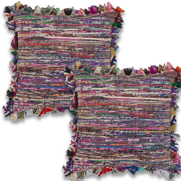 HomeRoots Set of Four 18" Pink and Blue Striped Rayon Pillow Covers for Vibrant Home Décor and Comfort 714221