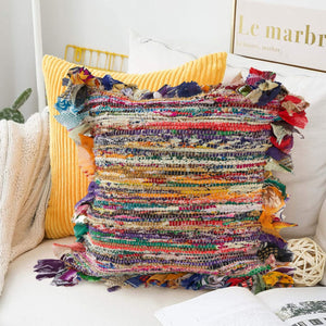 HomeRoots Set of Four 18" Pink and Blue Striped Rayon Pillow Covers for Vibrant Home Décor and Comfort 714221