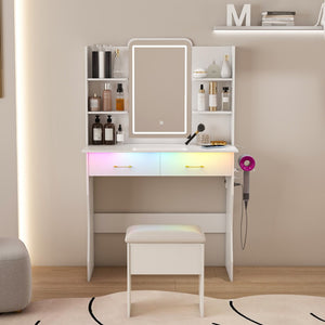 HomeRoots 56" White Wood Lighted Single Drawer Dresser - Modern Design with Built-In Lighting & Oak Accents 714258