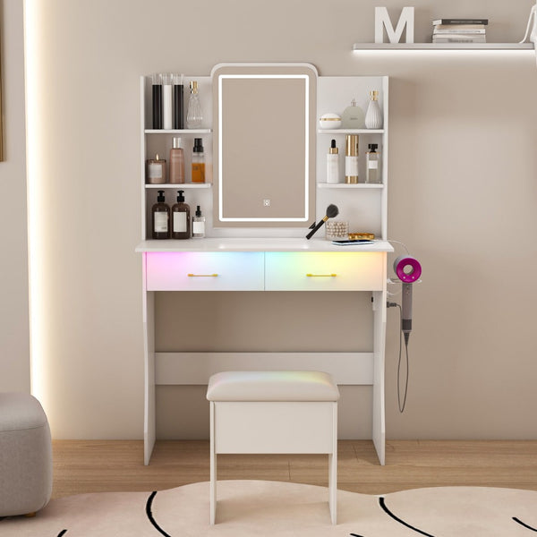 HomeRoots 56" White Wood Lighted Single Drawer Dresser - Modern Design with Built-In Lighting & Oak Accents 714258