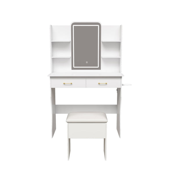 HomeRoots 56" White Wood Lighted Single Drawer Dresser - Modern Design with Built-In Lighting & Oak Accents 714258