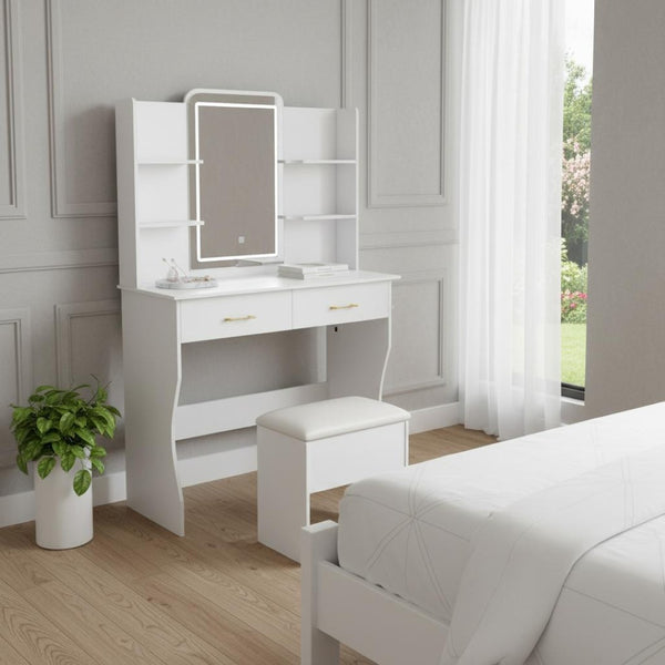 HomeRoots 56" White Wood Lighted Single Drawer Dresser - Modern Design with Built-In Lighting & Oak Accents 714258