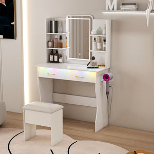 HomeRoots 56" White Wood Lighted Single Drawer Dresser - Modern Design with Built-In Lighting & Oak Accents 714258