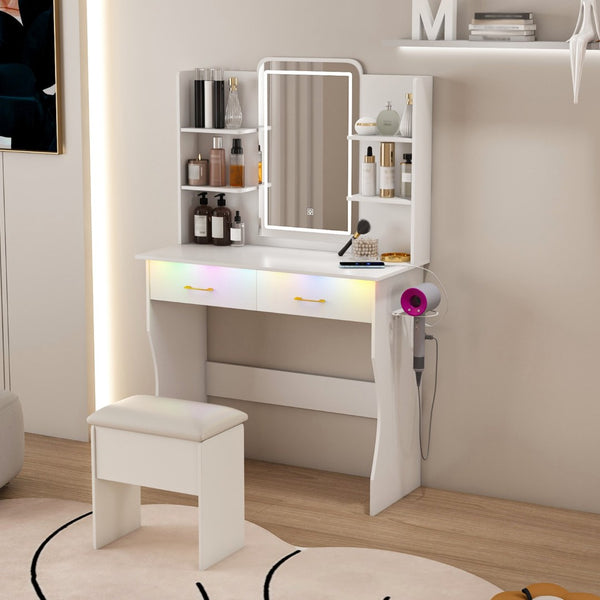 HomeRoots 56" White Wood Lighted Single Drawer Dresser - Modern Design with Built-In Lighting & Oak Accents 714258