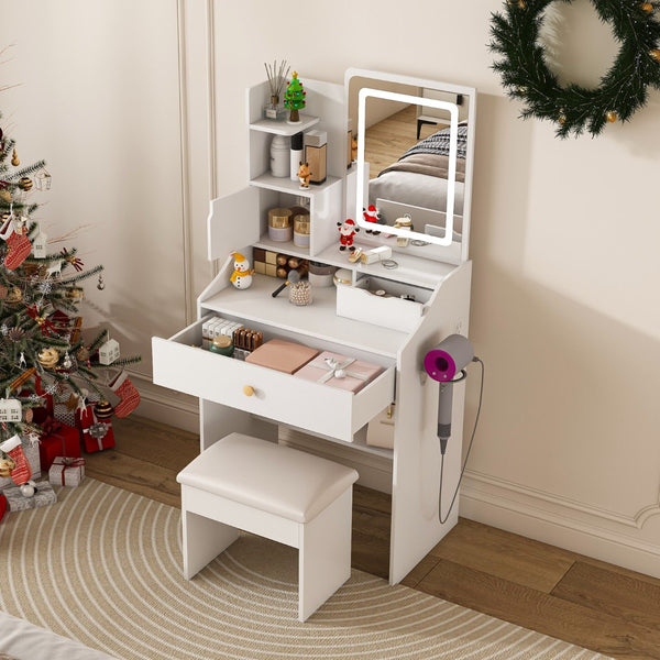 HomeRoots 28" White Wood Lighted Two-Drawer Dresser - Stylish Storage Solution for Modern Bedrooms & Vanities 714262