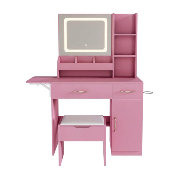 HomeRoots 24" Pink Wood Lighted Two Drawer Dresser - Modern Design with Integrated Lighting & Mirror for Storage 714265