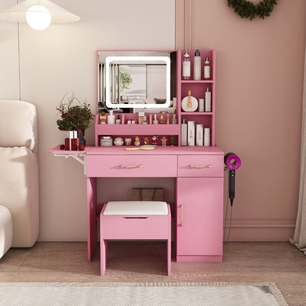 HomeRoots 24" Pink Wood Lighted Two Drawer Dresser - Modern Design with Integrated Lighting & Mirror for Storage 714265