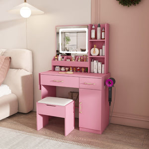 HomeRoots 24" Pink Wood Lighted Two Drawer Dresser - Modern Design with Integrated Lighting & Mirror for Storage 714265
