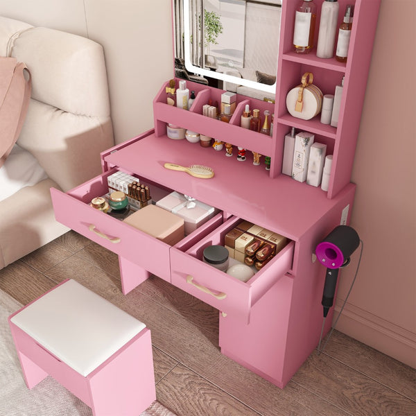 HomeRoots 24" Pink Wood Lighted Two Drawer Dresser - Modern Design with Integrated Lighting & Mirror for Storage 714265