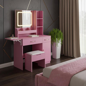 HomeRoots 24" Pink Wood Lighted Two Drawer Dresser - Modern Design with Integrated Lighting & Mirror for Storage 714265