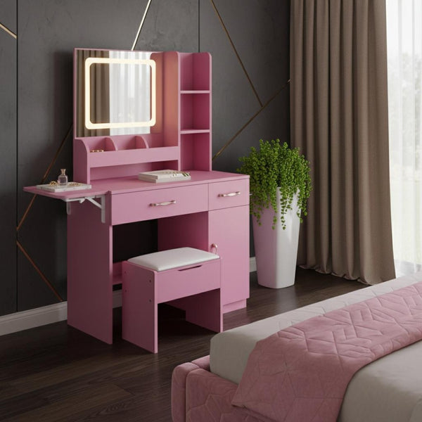 HomeRoots 24" Pink Wood Lighted Two Drawer Dresser - Modern Design with Integrated Lighting & Mirror for Storage 714265