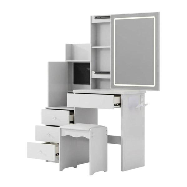 HomeRoots 19" White Wood Lighted Four Drawer Dresser - Modern Storage Solution with Oak Accents & Convenient Top 714267