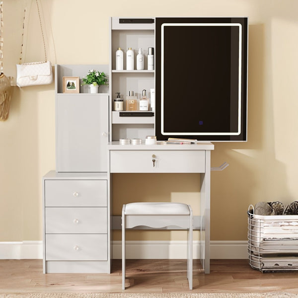 HomeRoots 19" White Wood Lighted Four Drawer Dresser - Modern Storage Solution with Oak Accents & Convenient Top 714267