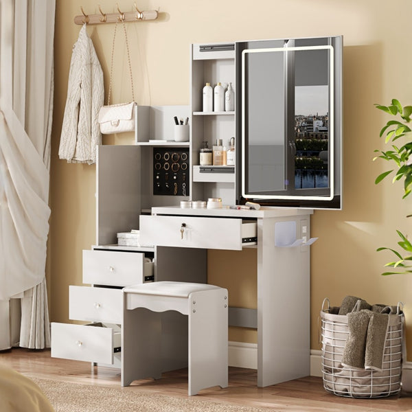 HomeRoots 19" White Wood Lighted Four Drawer Dresser - Modern Storage Solution with Oak Accents & Convenient Top 714267