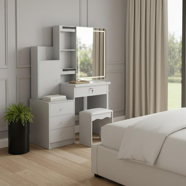 HomeRoots 19" White Wood Lighted Four Drawer Dresser - Modern Storage Solution with Oak Accents & Convenient Top 714267