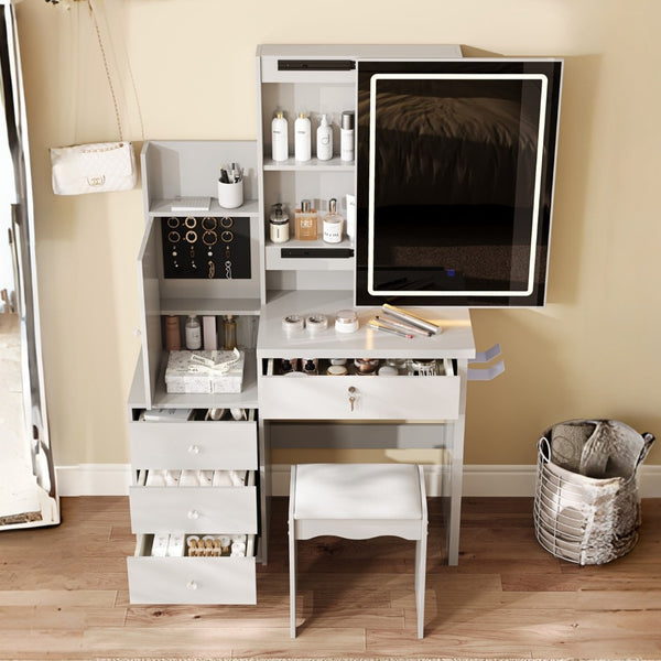 HomeRoots 19" White Wood Lighted Four Drawer Dresser - Modern Storage Solution with Oak Accents & Convenient Top 714267