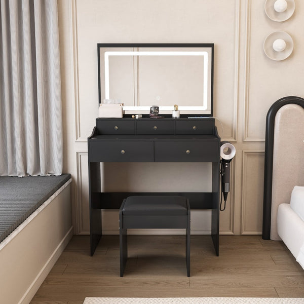HomeRoots 30" White Wood Five Drawer Dresser with Built-In Light for Smart Storage and Stylish Organization 714275