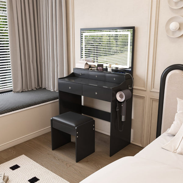 HomeRoots 30" White Wood Five Drawer Dresser with Built-In Light for Smart Storage and Stylish Organization 714275
