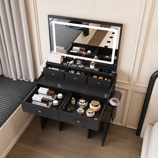 HomeRoots 30" White Wood Five Drawer Dresser with Built-In Light for Smart Storage and Stylish Organization 714275