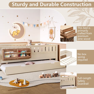 English Elm Twin Kids Platform Bed with Trundle Staircase Bookshelf and Rounded Safety Rails Beige W1580S00556