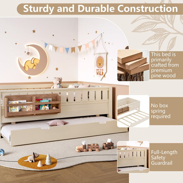 English Elm Twin Kids Platform Bed with Trundle Staircase Bookshelf and Rounded Safety Rails Beige W1580S00556