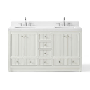 HomeRoots 60" Natural Wood Double Bathroom Vanity with Elegant White Quartz Top & Ample Storage Solutions 714297