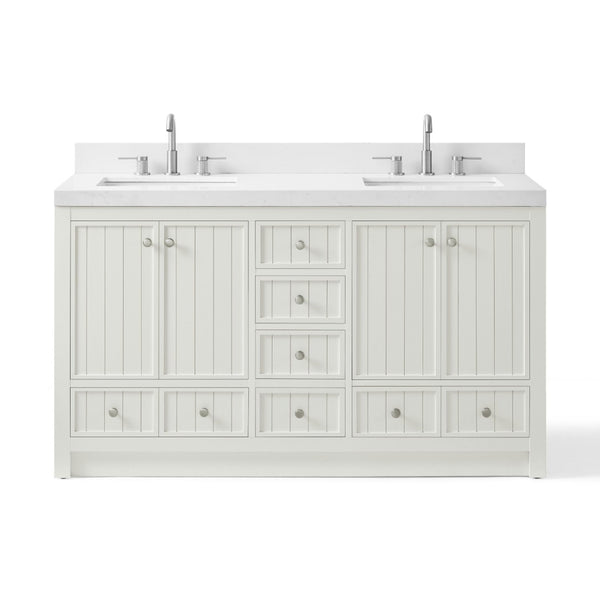 HomeRoots 60" Natural Wood Double Bathroom Vanity with Elegant White Quartz Top & Ample Storage Solutions 714297