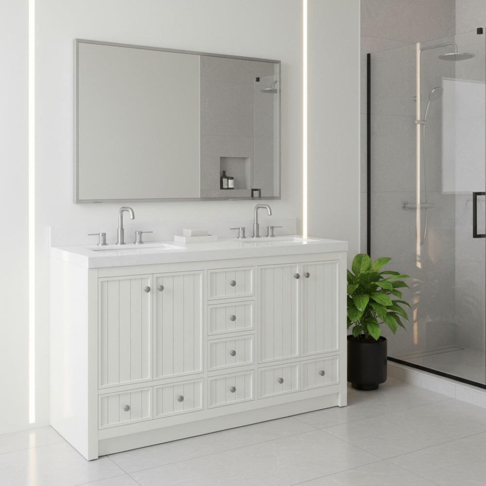 HomeRoots 60" Natural Wood Double Bathroom Vanity with Elegant White Quartz Top & Ample Storage Solutions 714297