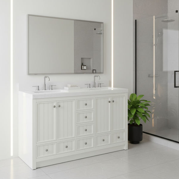 HomeRoots 60" Natural Wood Double Bathroom Vanity with Elegant White Quartz Top & Ample Storage Solutions 714297