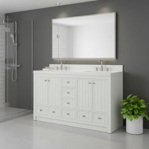 HomeRoots 60" Natural Wood Double Bathroom Vanity with Elegant White Quartz Top & Ample Storage Solutions 714297