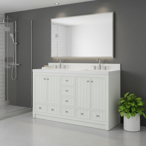 HomeRoots 60" Natural Wood Double Bathroom Vanity with Elegant White Quartz Top & Ample Storage Solutions 714297