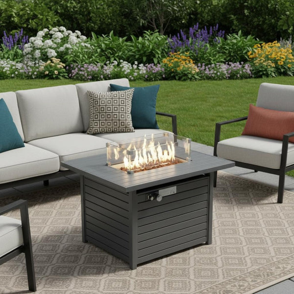 HomeRoots 50000 BTU Propane Rectangular Fire Pit Table - Durable Aluminum, Adjustable Flame & Cover Included 714302