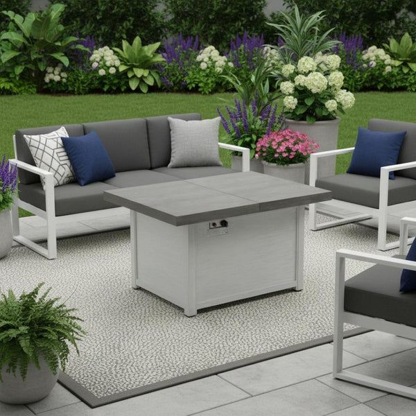 HomeRoots 30000 BTU Light Gray Magnesium Oxide Propane Fire Pit Table with Cover for Cozy Outdoor Evenings 714303