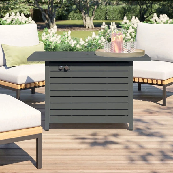 HomeRoots 40000 BTU Gray Steel Propane Fire Pit Table - Adjustable Flame, Durable, Modern Design & Cover 714307