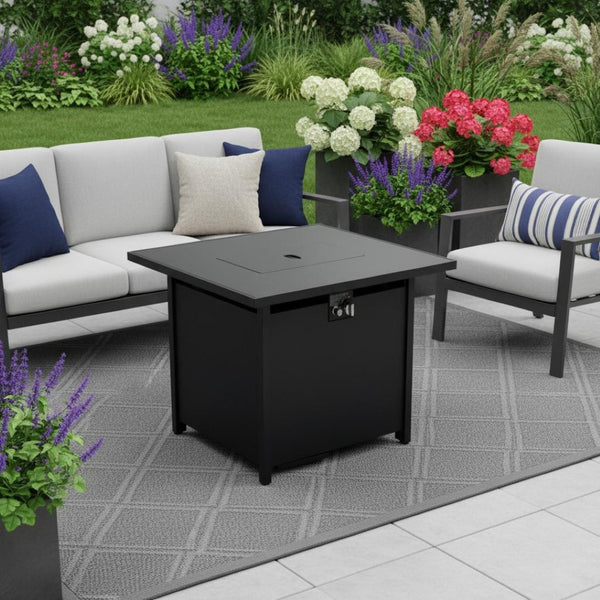 HomeRoots 40000 BTU Rectangular Propane Fire Pit Table - Modern Black Steel, Adjustable Flame & Cover Included 714309
