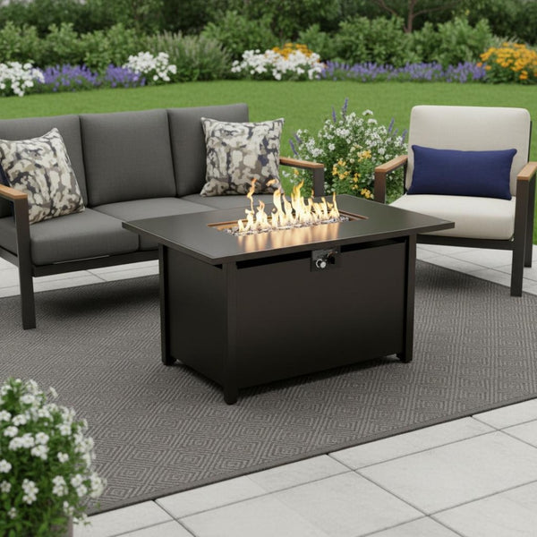 HomeRoots 40000 BTU Rectangular Propane Fire Pit Table - Modern Black Steel, Adjustable Flame & Cover Included 714309