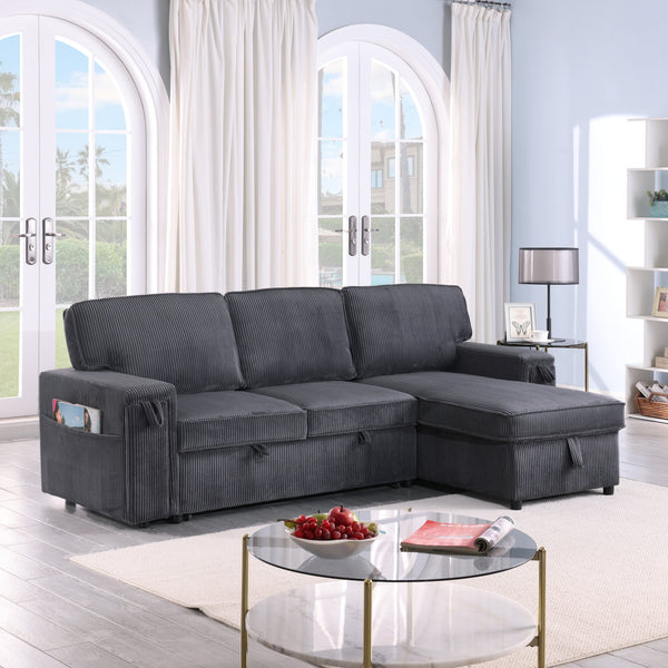 English Elm U_STYLE Chenille Upholstery Sleeper Sectional Sofa with Pull-Out Bed, Chaise Storage & Comfort Gray W1099S00168