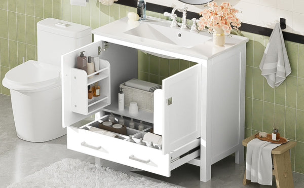 English Elm 36" White Bathroom Vanity with Ceramic Sink, Soft-Close Doors, Divided Drawer & Double Shelves for Organized Modern Bathrooms N729P276609K