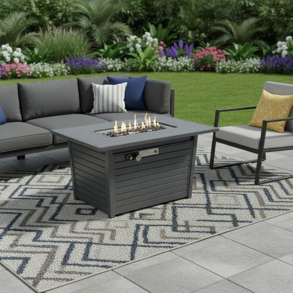 HomeRoots 50000 BTU Gray Steel Propane Fire Pit Table with Cover – Stylish Outdoor Heating & Cozy Gatherings 714312