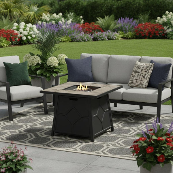 HomeRoots 50000 BTU Black Steel Propane Fire Pit Table - Stylish Square Design for Outdoor Gatherings & Warmth 714325