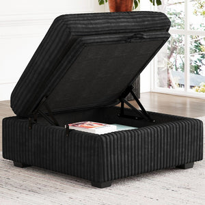HomeRoots 30" Beige and Black Chenille Storage Ottoman - Versatile Footrest, Extra Seating, and Hidden Storage Solution 714364