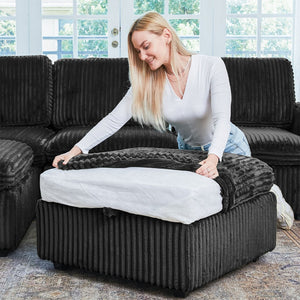 HomeRoots 30" Beige and Black Chenille Storage Ottoman - Versatile Footrest, Extra Seating, and Hidden Storage Solution 714364