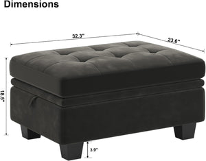 HomeRoots 32" Elegant Beige and Black Velvet Tufted Storage Ottoman - Versatile Seating with Hidden Storage! 714391