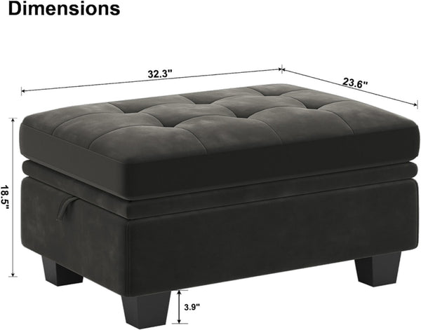 HomeRoots 32" Elegant Beige and Black Velvet Tufted Storage Ottoman - Versatile Seating with Hidden Storage! 714391