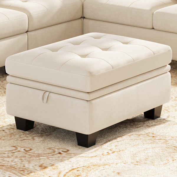 HomeRoots 29" Beige Chenille Ottoman with Hidden Storage - Stylish Seating, Tufted Top & Black Legs for Home Decor 714392